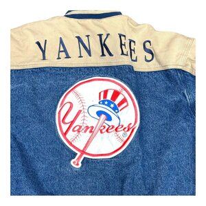 Lee Sport Yankees Denim Jean Varsity Jacket L Blue MLB Baseball World Series Vtg